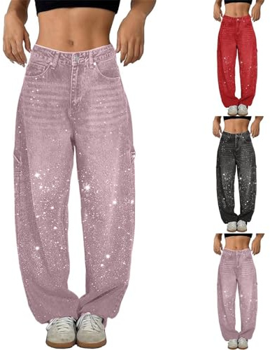 Lanunlly Jeans Donna Larghi Eleganti, Baggy Jeans con Brillantini a Gamba Larga Pantaloni in Denim Comodi con Tasche Pantalone Push Up Leggeri Pants Vintage Hiphop Ragazza Teenager Streetwear