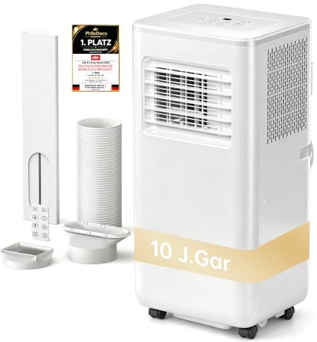 PHILODECO Mobile Klimaanlage 9000 BTU mit Fernbedienung, 4-in-1 Klimagerät Mobil Kühlen & Lüften & Entfeuchten & Schlafmodus, leise 53 dB, 24h Timer, bis 40 m², Weiß