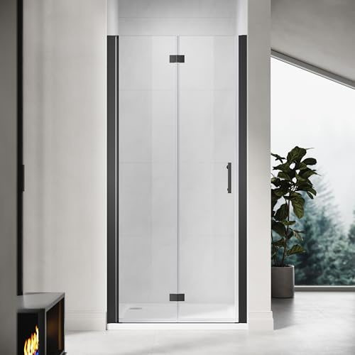 ZANOFIRA 760mm Black Frameless Bi-Fold Shower Door Folding Shower Screen 6mm Toughened Clear Safety Glass Space Saving Magnetic Seal Reversible for Wet Rooms En-Suites