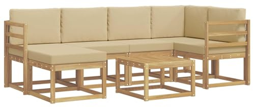 vidaXL Outdoor-Sofagarnitur 7 pcs Weiß und Beige Massivholz Akazie, Garten Sofa, modernes Eckset, wetterfestes Loungemöbel, Terrassen Sitzmöbel für entspannten Komfort