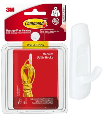 Command Utility Hooks, Medium, 6 Hooks in White and 12 Adhesive Strips | Adhesive Wall Hooks, Damage-Free Hanging for Coats, Bags and Accessories, Ideal for Wardrobes, Holds 1.3 kg, Removes Cleanly