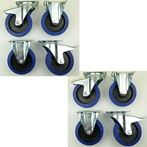 2 Satz 160mm Blue Wheels Lenkrollen mit Bremse/Feststellbremse + Bockrollen Transportrollen Blau 300kg / Rad - INDUSTRIEQALITÄT (4x Brems + 4x Bock)