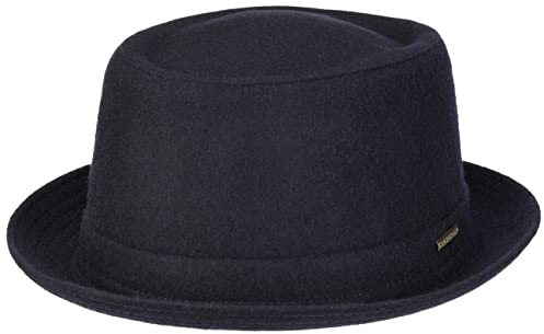 Stetson Wool Pork Pie Hut Herren Damen Made in Italy Fedora mit Schurwolle Baumwollfutter Krempe Herbst Winter dunkelblau 58 cm