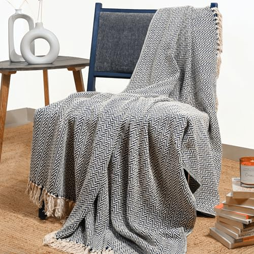 Rustikale Bauernhaus-Überwurfdecke, gestrickt mit langen Quasten, 127 x 152 cm, dekorative Boho-Überwürfe, leichte Decken für Bett, Stuhl, Sofa, Couch, Heimdekoration – Marineblau