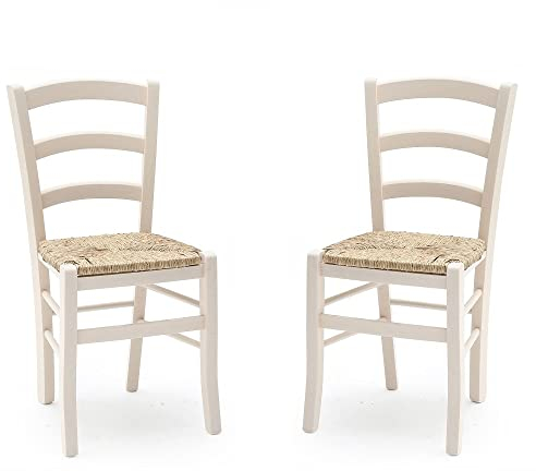 sillas Venezia en madera maciza de color con asiento de paja SET 2 (Blanco)