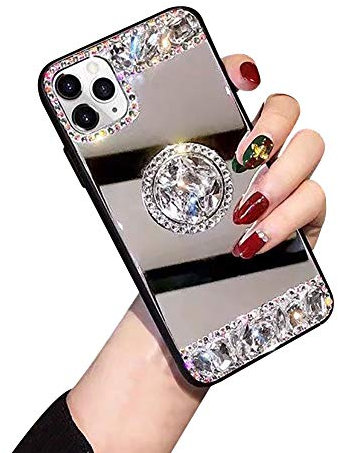 Shinyzone Compatible for iPhone 11 Case 6.1 inch Bling Diamond Case,iPhone 11 Mirror Case with Ring Holder,Sparkle 3D Handmade Crystal Clear Rhinestone Soft Back Cover,White Stand