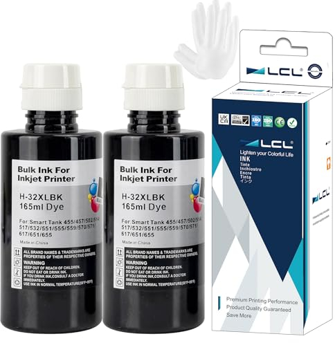 LCL 32XL 1VV24AE 165ml Ink Bottle Compatible for HP Smart Tank 455 457 502 514 517 532 551 555 559 570 571 617 651 655 DeskJet GT-5810 GT-5820 GT-5822 Ink Tank 310 319 410 415 416 418 419 (2 Black)