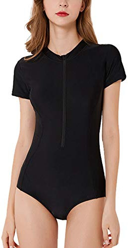 FEOYA Womens Short Sleeve Swimsuits Black Zip Front Beachwear One Piece Swimming Costume Rash Guard Athletic Swimwear with Chest for Surfing Swimming Party Pattern-8 M