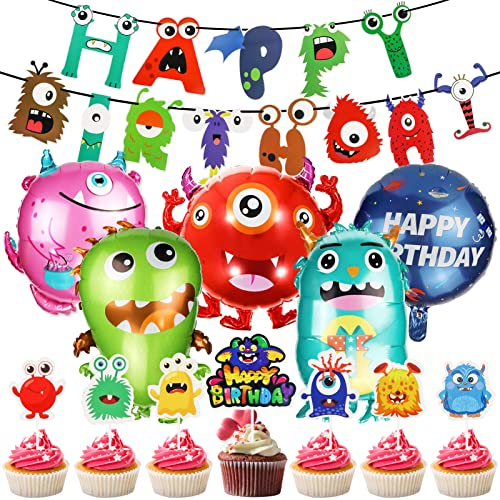 Monster Party 20 Stück Kindergeburtstags Deko, Ballons, Banner, Kuchendeckel, Kindern