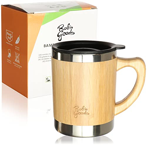Robin Goods® Tazza da Bere in Acciaio Inossidabile e bambù - Tazza di 300 ml - Tazza da Campeggio con Manico e Coperchio - infrangibile e priva di BPA (1 Pezzo - 300 ml)