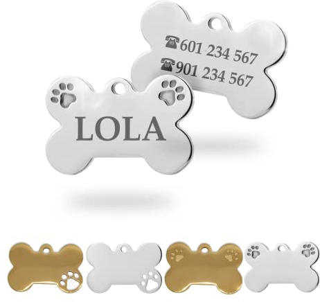 Ibera Gifts - Chapa Perro Grabada De Acero Inoxidable En Forma De Hueso, Tamaño 25 x 16 mm, Placa Perro Personalizada Para Cachorros y Mascotas Muy Pequeñas (Peq. 2 Huellas)
