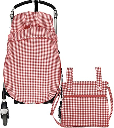 Conjunto Saco Silla de Paseo Universal + Panera – Conjunto Saco Universal + Talega para Silla de Paseo – Vichy – Handmade – Nenel (Rojo)
