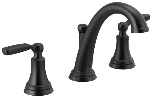 Delta Faucet Woodhurst Weit verbreiteter Badezimmer-Wasserhahn, schwarz, mattschwarzer Badezimmer-Wasserhahn 3 Löcher, Badezimmer-Waschbecken-Wasserhahn, Metall-Ablaufmontage, mattschwarz 3532LF-BL