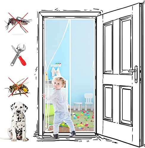 Magnet Fliegengitter tür katzennetz, Vorhang Fliegenvorhang Moskitonetz für Balkontür Wohnzimmer Terrassentür Automatisches Schließen, Klebemontage ohne Bohren 130 x 240 cm Weiß