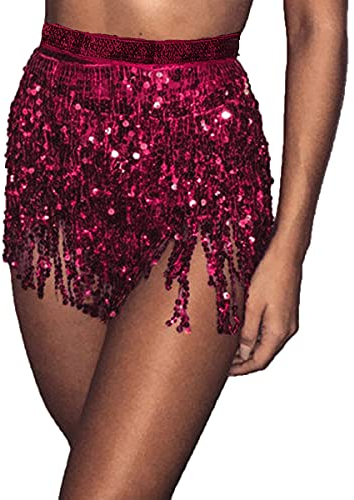 Bufenia Damen Bauchtanz Hüftrock Quaste Pailletten Hüftschal Riemchen Wrap Rave Röcke Halloween Kostüm Club Festival (Rosenrot)