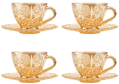 Linkidea Juego de 4 Tazas de té de Cristal con platillos de 6 onzas, Taza de café Vintage con Flores en Relieve y platillo, Tazas de té de Vidrio para Adultos para Fiestas té, Familia, Amigos(ámbar)