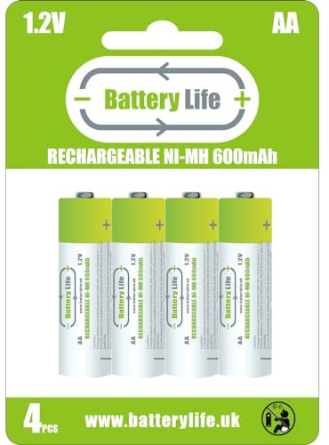 Battery Life AA Rechargeable Batteries NI-MH 1.2V Long Life UK Brand (AA 600mAh, 4 pack)