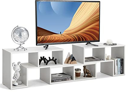 COSTWAY Meuble TV en 3 Pcs Modulaire, Meuble Télé Angle Extensible pour Télé 49 Pouces, Étagère Bibliothèque Modulable pour Salon, Chambre, Meuble TV Bois, 135x30x43cm (Blanc)