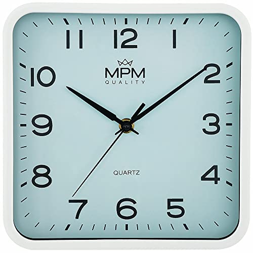 MPM Quality Design Kunstoff Wanduhr, Quadratisch, arabische Ziffern, Hellblau, Quarz-Uhrwerk Sweep, 220 x 40 mm, Classic Modern, Analog Wand Uhr, Wanddeko, Dekoration für Wohnzimmer, Küche, Büro