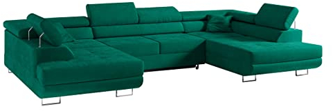 MKS MEBLE Sofa Grün Wohnzimmer - Wohnlandschaft - U-Form Couch mit Schlaffunktion - Schlafsofa mit Bettkasten - Wohnzimmer U Couch - Polstersofa mit Bettkasten - Gustaw U Flaschengrün Kronos