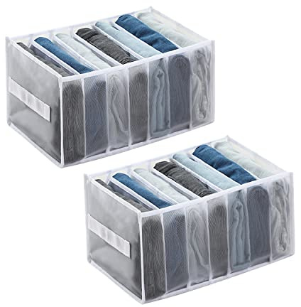 PFLYPF 2 stück Jeans Schubladen-Organizer, faltbare und waschbare Aufbewahrungsbox für Schubladen mit Griff und Fach, 7 Fächer, für Kleidung, Jeans, Leggings, Socken, T-Shirts. (Weiß)