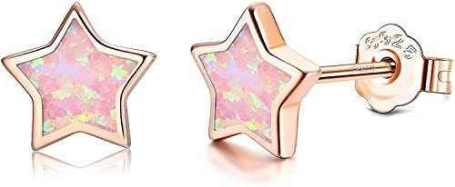 KRFY 925 Sterling Silber Stern Ohrstecker Ohrringe für Mädchen Damen 14K vergoldet Hypoallergene Kinder Ohrringe für Mädchen Rosa Opal Schmuck Geschenke für empfindliche Ohr Piercing mit Boxen