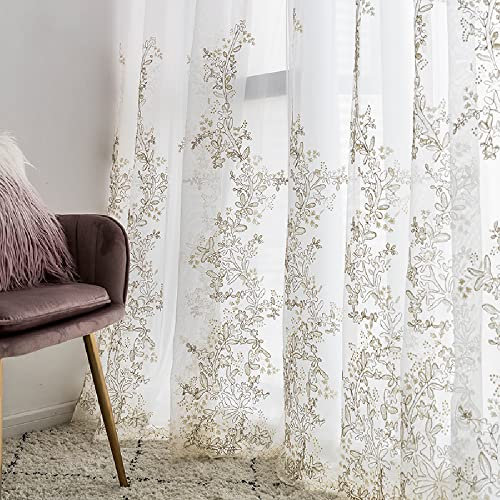 Amidoudou 1 Paar luxuriöse bestickte Tüllvorhänge für Wohnzimmer Hochzeit 3D-Goldblume durchscheinende Vorhänge (weiß, 168 x 213 cm)