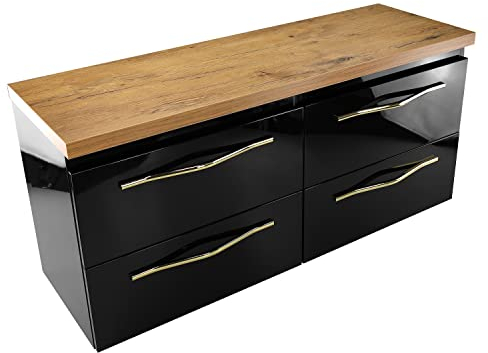paplinskimoebel Badezimmer Badmöbel Set Hochglänzend, 120 cm Doppelschrank mit Arbeitsplatte, Vier Schubladen, (Schwarz und Eichenoptik Oberteil)