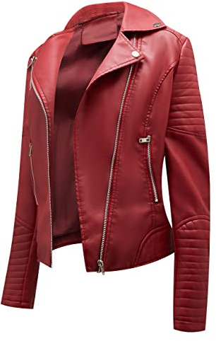 Giubbotto Ecopelle Donna Similpelle Giubbino Giacca Biker Faux Leather Jacket Finta Pelle Sintetica Curvy Primavera Rosso S