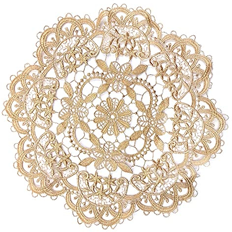 4 Stück Spitze Runde Gestickte Tischläufer,Handarbeit Geklöppelt Gold Spitze Tischläufer Untersetzer Häkeln Spitzendeckchen Platzdeckchen Tischdecke für Küche,Party,Hochzeit Tassen, Vasen 26-28cm
