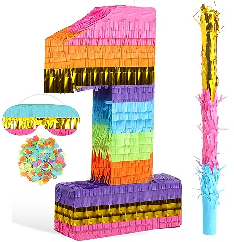 Regenbogen Zahlen Pinata für Mädchen Jungen Geburtstag Folien Zahlen Pinata mit Augenbinde Stab Konfetti für Kinder Jubiläum Tie Dye Modernes Party Zubehör Gastgeschenk Deko (Zahl 1)
