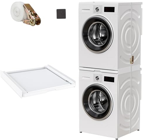 Kit de Unión Universal para Lavadoras Secadoras con Estante Deslizantecon y Cuerda de Trinquete, Tamaño 55 x 60 cm, Marco de Apilamiento Universal Soporte Secadora Sobre Lavadora