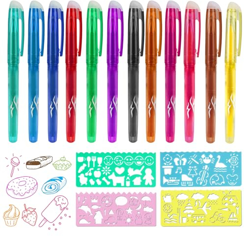 12 Pezzi Penne Colorate con 4 Modelli di Pittura, 0.7mm Penne Cancellabili Gel Colorate, Penna Cancellabile Colorata, Erasable Pens per Cancelleria Scuola Ufficio Famiglia, 12 Colori