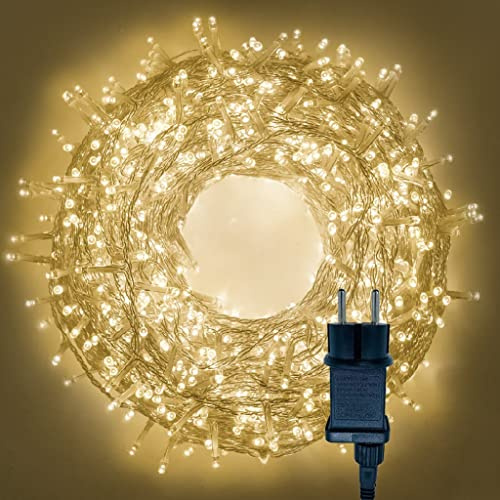 Partenopea serie stringa catena luminosa di luci 300 LED per albero di Natale da Esterno natalizie ed Interno controller con 8 giochi di luce e Memoria cavo trasparente (LUCE CALDA, 15 metri)