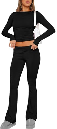ABINGOO Damen Baumwoll Lounge Set Oberteil Und Schlaghose Set Geschnittene Yoga Trainingsanzug Zweiteiliger Outfit Schmal Loungewear Set(Schwarz,M)