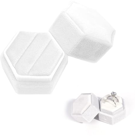 BNOYONERAS Samt Ringbox, Doppelschlitze Sechseck Ringetui, Samt Schmuck Ring Box, Ringschatulle, mit Abnehmbarem Deckel für Vorschlag, Verlobung, Hochzeit Zeremonie, Valentinstag (Weiß)
