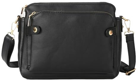 Lebartm Umhängetasche Damen Crossbody PU Schultertasch Tasche mit Reißverschluss Wasserdicht 3-lagige Crossbody Handtaschen Shopper für Täglich Arbeiten Freizeit-Schwarz
