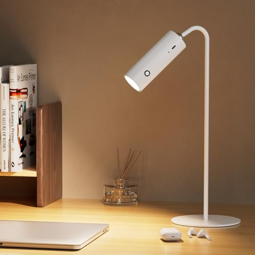 EMKE Desk Lamp LED, 6 in 1 Table Lamp Rechargeable Battery, Multifunctional Spotlight, Dimmable Touch, 3 Color Modes, 360° Rotatable Magnetic Adjustable Wall Lamp for Bedroom, Office, Camping, White