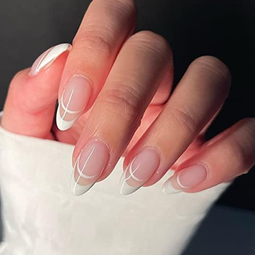 JUSTOTRY 24 Stück Gestreift Nägel Zum Aufkleben Kurz,Weiß Mandel Press on Nails Muster,Glossy Oval Kunstnägel Fake Nails Mittel,French Fingernägel Künstliche Nägel für Frauen