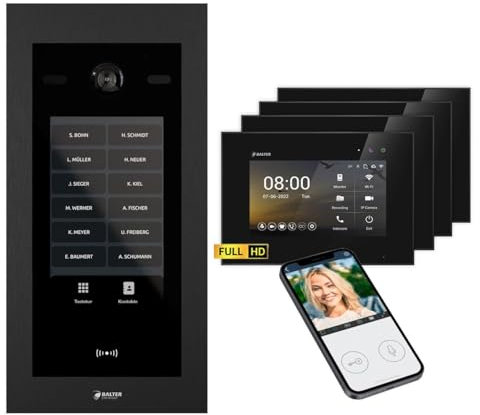 Nonic Balter EVO HD Touch 7 Schwarz Video Türsprechanlage mit RFID/Codemodul Set für bis zu 1000 Teilnehmer (1x Türstation mit Full HD-Kamera, 4X 7 Zoll WiFi Monitor, 2-Draht Bus, 175° Weitwinkel)