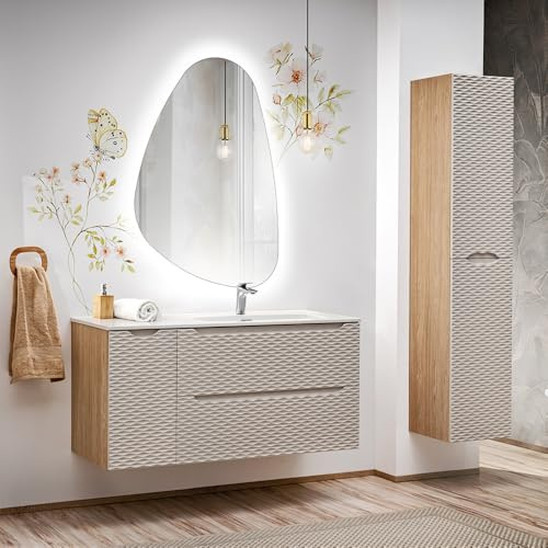 Lomadox Badezimmer Badmöbel Set 3-teilig mit 120cm Waschtisch in Eiche, Front in beige mit 3D-Oberfläche
