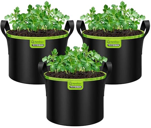 VIVOSUN 3-Pack 5-Gallon AeroBase Grow Bag, Durable Mesh Fabric Plant Container with Breathable Base and Sturdy Handles, Black