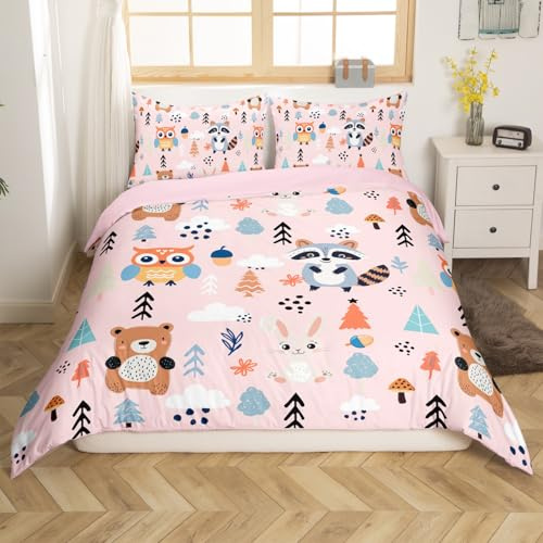 Homemissing Niedliches Tier-Bettwäsche-Set Eule Eichhörnchen Bettbezug 140 x 200 cm Kaninchen niedlich Bär bedruckt Bettwäsche Mädchen Jungen Mikrofaser Natur Bäume Zoo Tiere Bettbezug