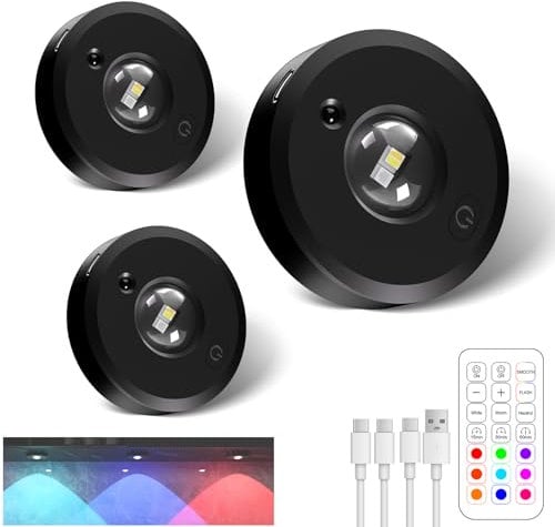 Lampe Spot Sans Fil avec Telecommande,Rechargeable RGB LED Vitrine,Fonction de Synchronisation pour Armoires, Penderies, Vitrines-3 Pack