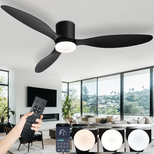 Large Ceiling Fan Lights and Remote for Bedroom, Modern Indoor Low Profile Ceiling Fan with Lamps, 6-Speed Silent DC Motor, Memory Function Dimmable Led, for Living Room Lounge-Black||52in