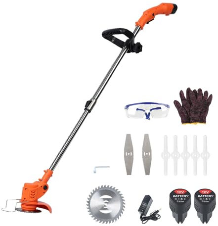 450W Lightweight Weed Wacker & Grass Trimmer, Cordless Electric Lawn Mower with Telescopic Rod, 3 Blades, 12V Dual Battery, String Trimmers for Shrubs, Edges, Gardens (90-125cm Adjustable) Orange