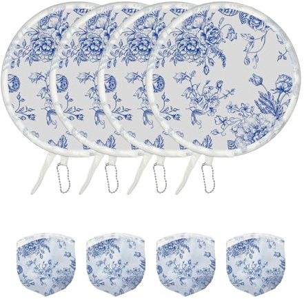 ALNKDH 4 Pcs Hand Fan Folding,Chinese Japanese Style Foldable Fan,Round Folding Fan,Summer Handheld Folding Fans Beautiful Patterns For Wedding Party Home Decor Personal Decoration (4Pcs Blue Flower)