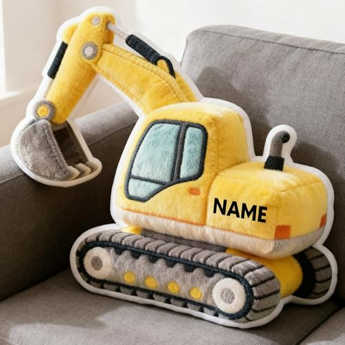 JLSKCN Bagger Personalisiert mit Namen, Kuschelkissen Kinder Kuschelkissen Kinder Geschenk Kinderzimmer Deko Junge Mädchen Zierkissen Dekokissen, Geschenk für Junge 3-12