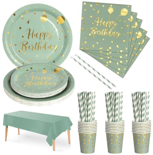 Nkaiso 121 Pcs Verde Salvia Oro Stoviglie per feste di Compleanno 24 Ospiti