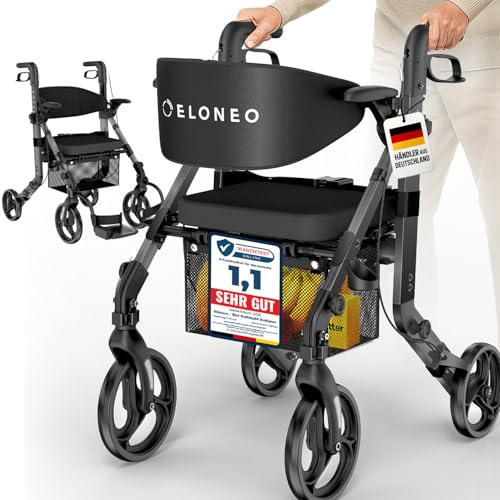 ELONEO 2 in 1 Rollstuhl Rollator faltbar und leicht mit Sitz, Outdoor Rollator Rollstuhl faltbar leicht für alle Gelände, Aluminium Gehhilfe für Senioren mit Netztasche, Transportrollstuhl, grau